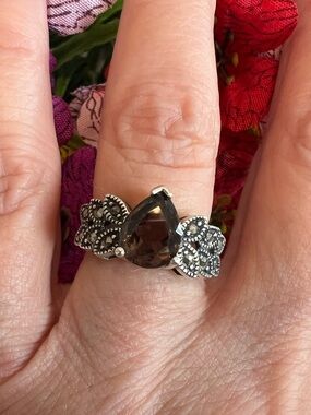 Smoky Quartz Teardrop Sterling Silver Ring with Marcasite Accents
